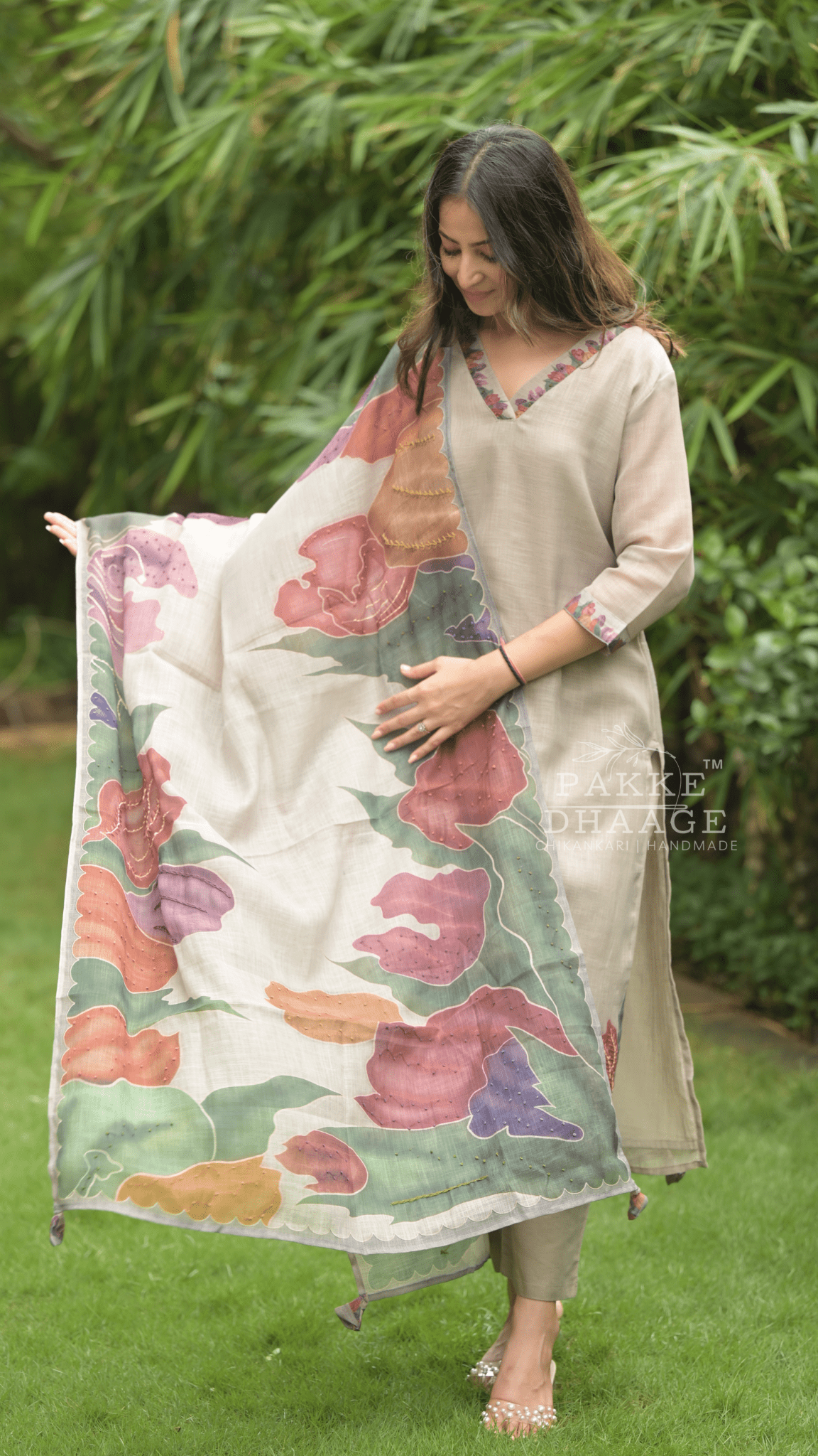 Kantha Embroidered Pure Linen 3-pc Suit Set Grey