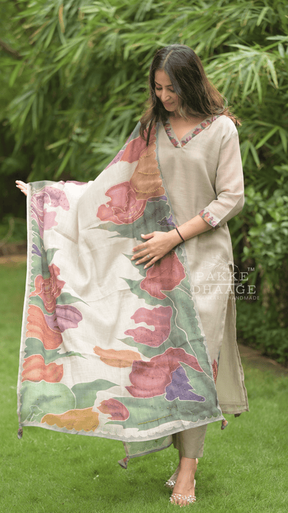 Kantha Embroidered Pure Linen 3-pc Suit Set Grey