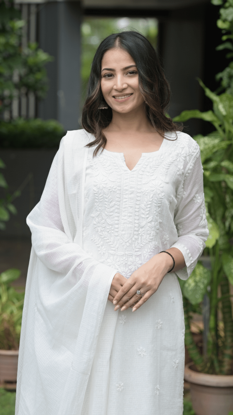 Woman in a white outfit standing outdoors with greenery in the background