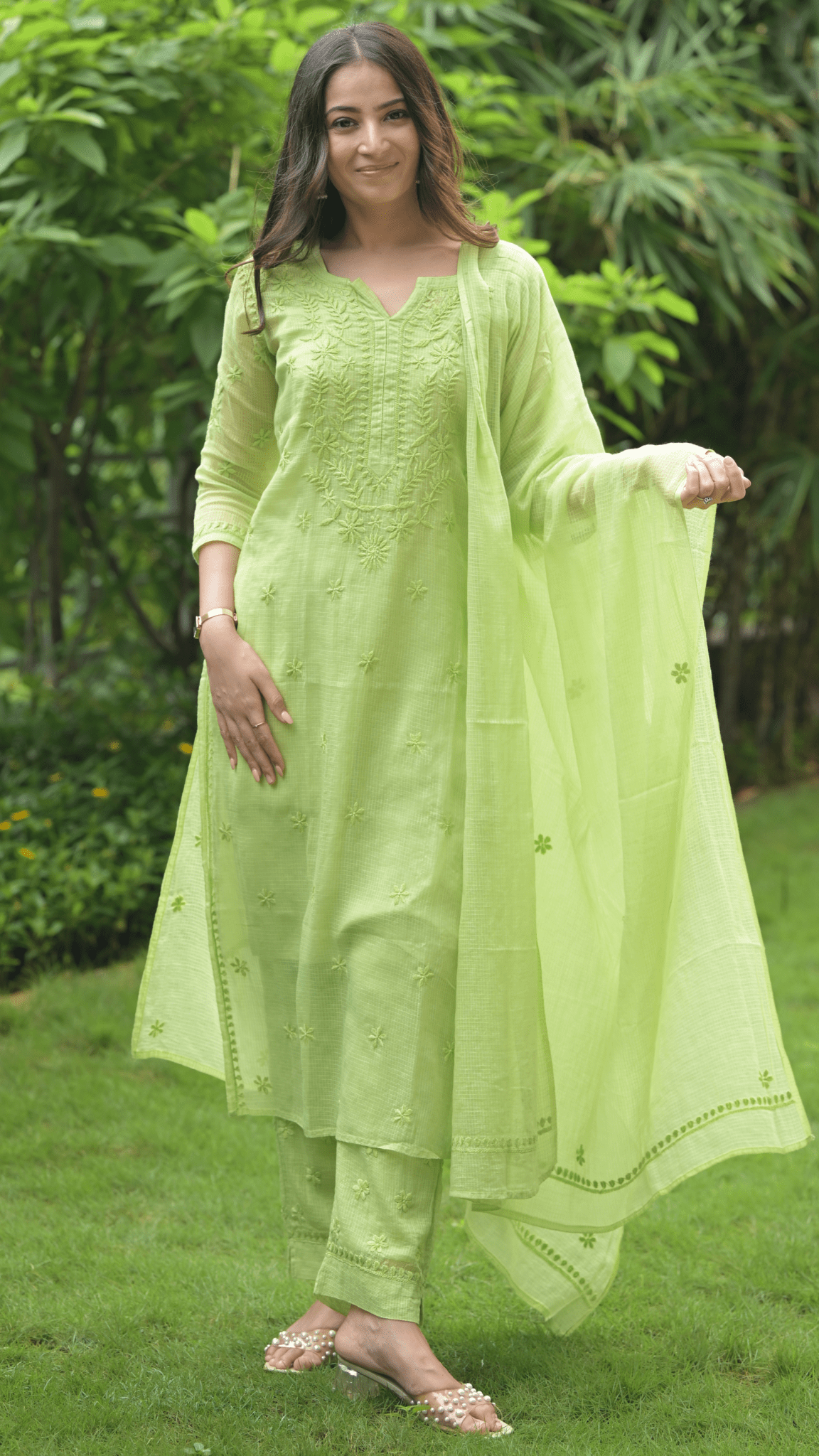 Kashish Chikankari Pure Kota Doria Kurtas and Kurta Sets Fresh Green