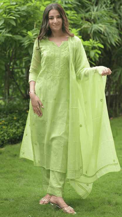 Kashish Chikankari Pure Kota Doria Kurtas and Kurta Sets Fresh Green
