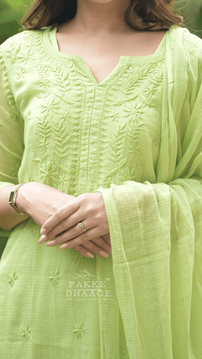Kashish Chikankari Pure Kota Doria Kurtas and Kurta Sets Fresh Green