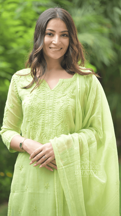 Kashish Chikankari Pure Kota Doria Kurtas and Kurta Sets Fresh Green
