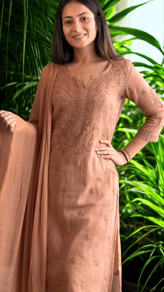 Kashish Chikankari Pure Kota Doria Kurtas and Kurta Sets Mocha Mousse