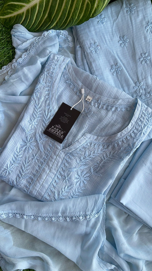 Kashish Chikankari Pure Kota Doria Kurtas and Kurta Sets Powder Blue