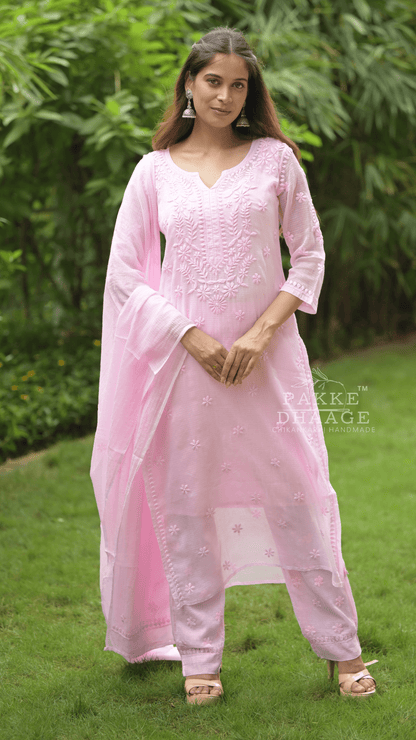 Kashish Chikankari Pure Kota Doria Kurtas and Kurta Sets Soft Baby Pink