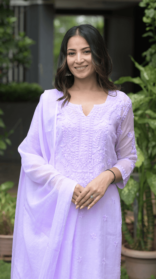 Kashish Chikankari Pure Kota Doria Kurtas and Kurta Sets Soft Lilac