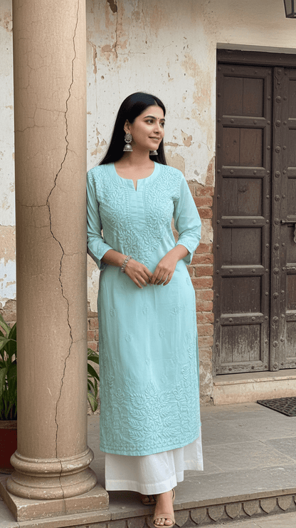 Khwaab Cotton Chikankari Kurtas - Aqua