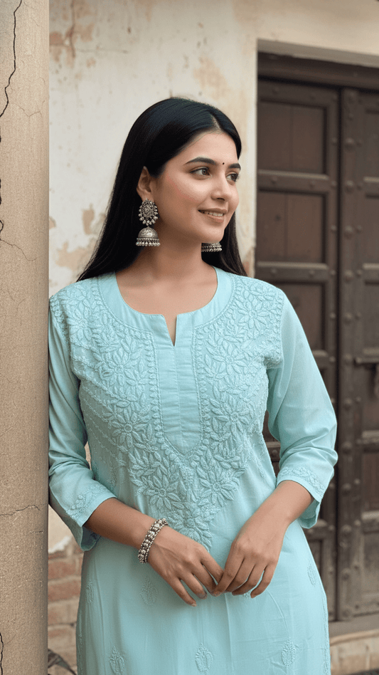 Khwaab Cotton Chikankari Kurtas - Aqua