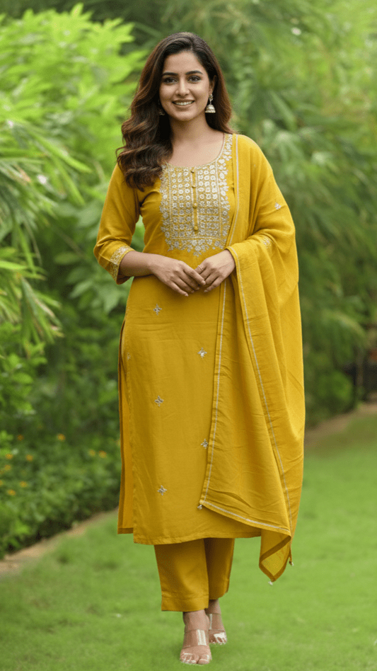 Woman in a yellow traditional outfit standing in a garden