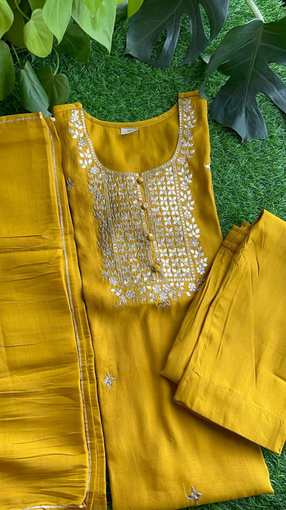 Krisha Chanderi Silk Suit Set with Gota Patti (3 pc) Mustard Yellow