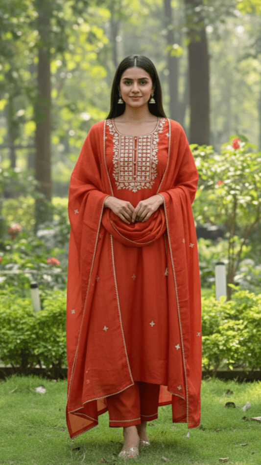 Woman in a red traditional gota patti suit set by Pakke Dhaage standing in a garden with greenery.