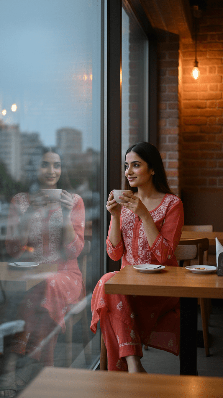 Woman in a pink dress sitting at a cafe table by a large window, holding a cup.