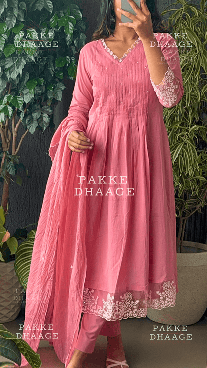 Lace Art Embroidered 3-Pc Suit Set Rose Pink