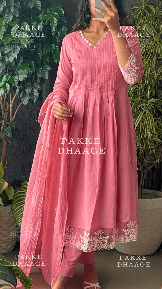 Lace Art Embroidered 3-Pc Suit Set Rose Pink