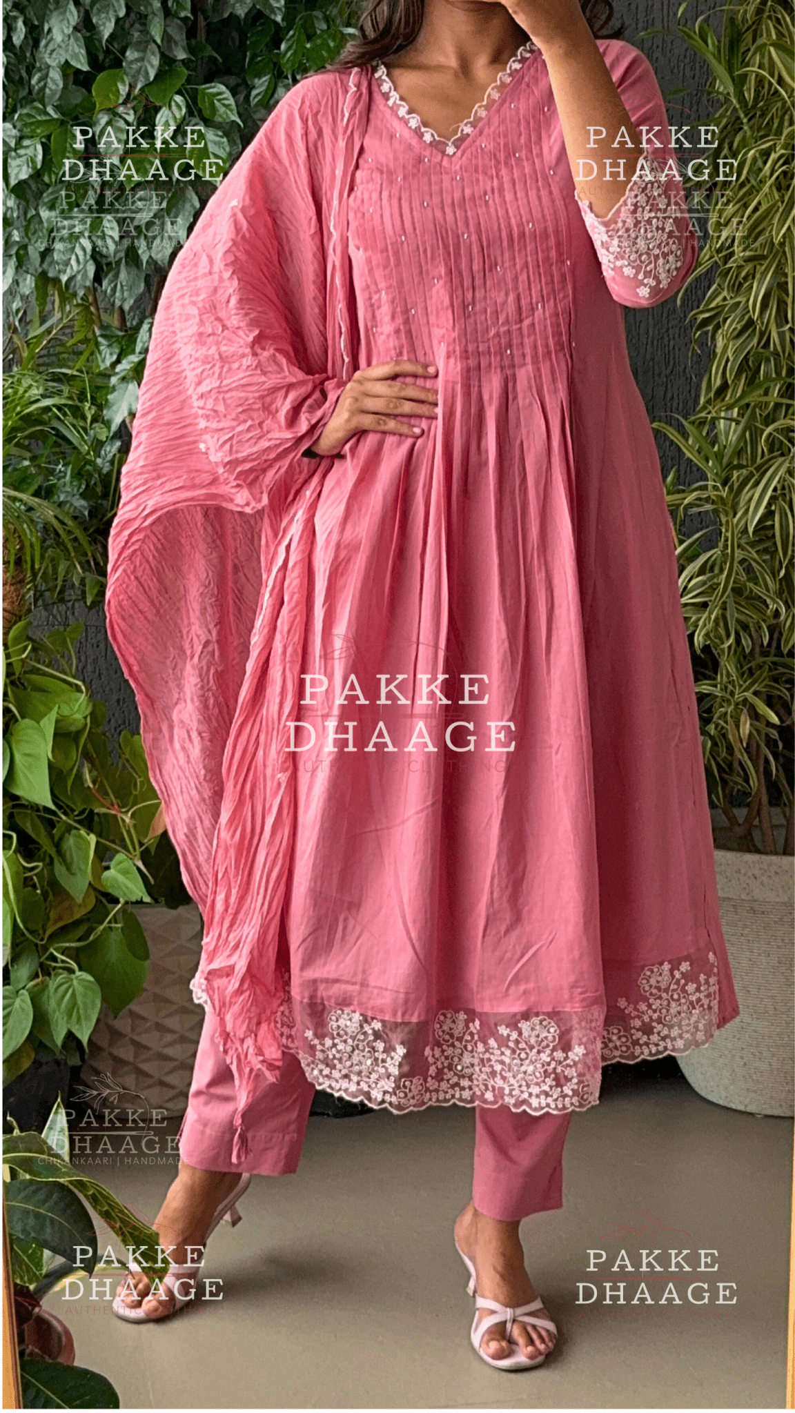 Lace Art Embroidered 3-Pc Suit Set Rose Pink