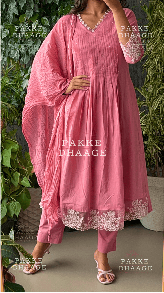 Lace Art Embroidered 3-Pc Suit Set Rose Pink