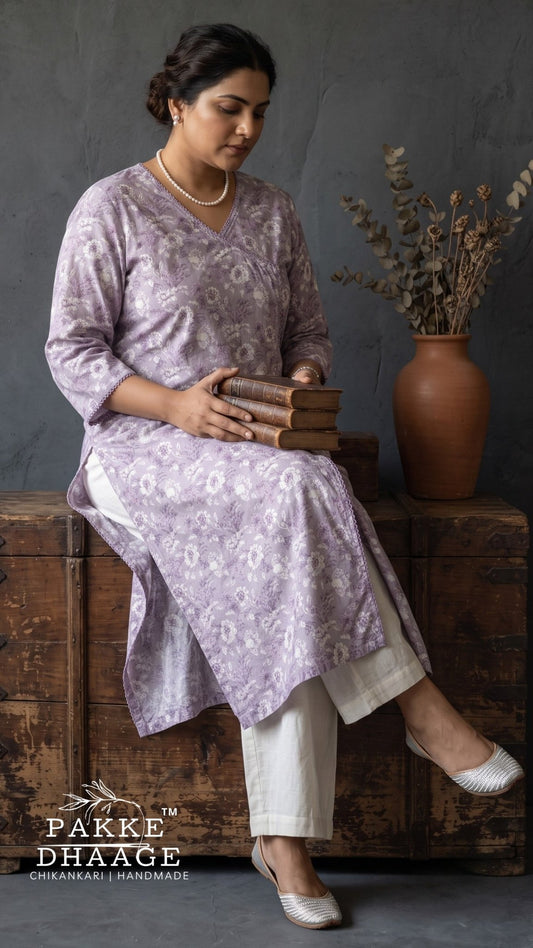 Lilac Lavender Floral Angrakha Print Cotton Straight Kurta (Plus Size)