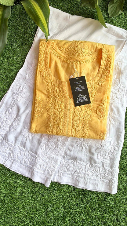 Maahi Pure Mulmul Chikankari Kurtis Amaltas Yellow