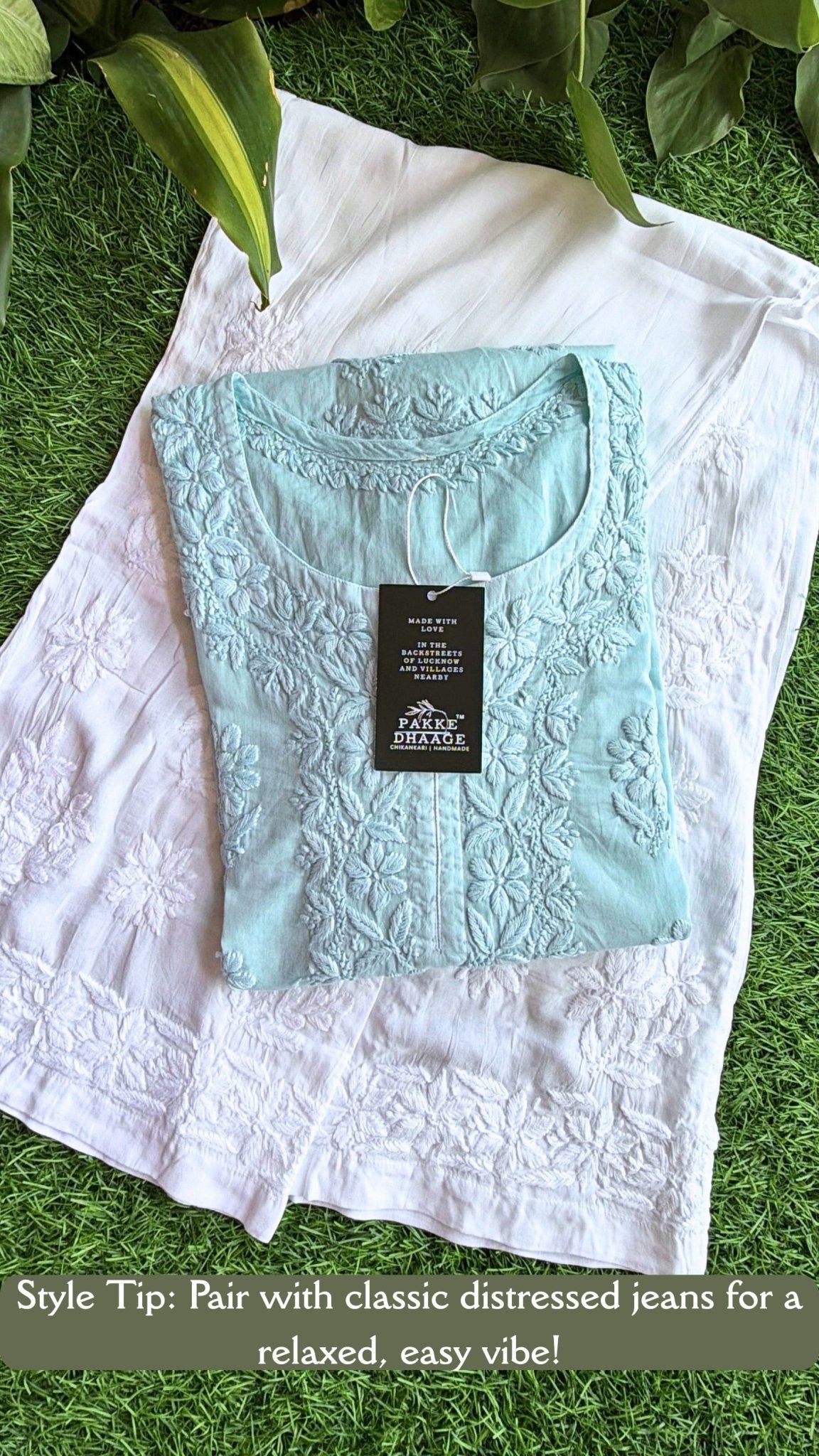 Maahi Pure Mulmul Chikankari Kurtis Light Sea Foam