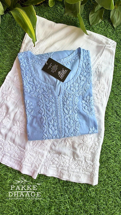 Maahi Pure Mulmul Chikankari Kurtis Powder Blue