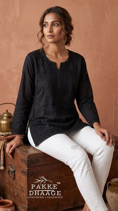 Maahi Pure Mulmul Chikankari Kurtis Black