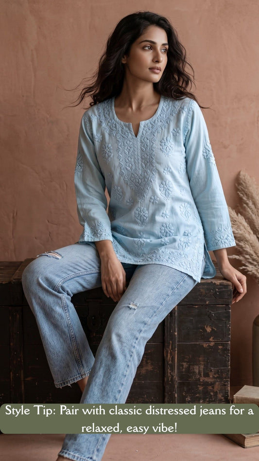 Maahi Pure Mulmul Chikankari Kurtis Light Sea Foam
