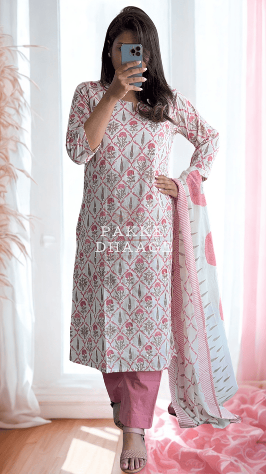 Maharani Threads 3 Pc Printed Cotton Suit with Gotta-Patti & Kota Doria Duppatta - Onion Pink
