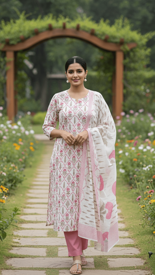 Woman in a floral dress with gota patti work standing on a stone path in a garden