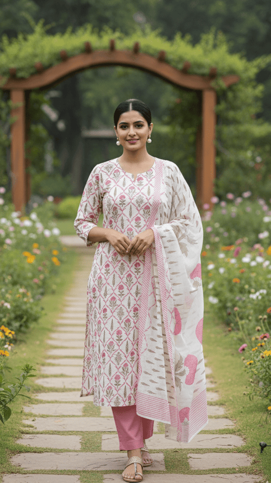Woman in a floral dress with gota patti work standing on a stone path in a garden