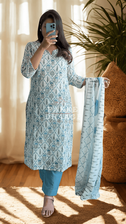 Maharani Threads 3 Pc Printed Cotton Suit with Gotta-Patti & Kota Doria Duppatta - Sky Blue