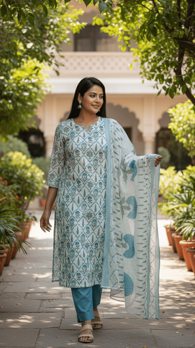 Woman in a floral outfit with gota patti work walking outdoors with greenery around