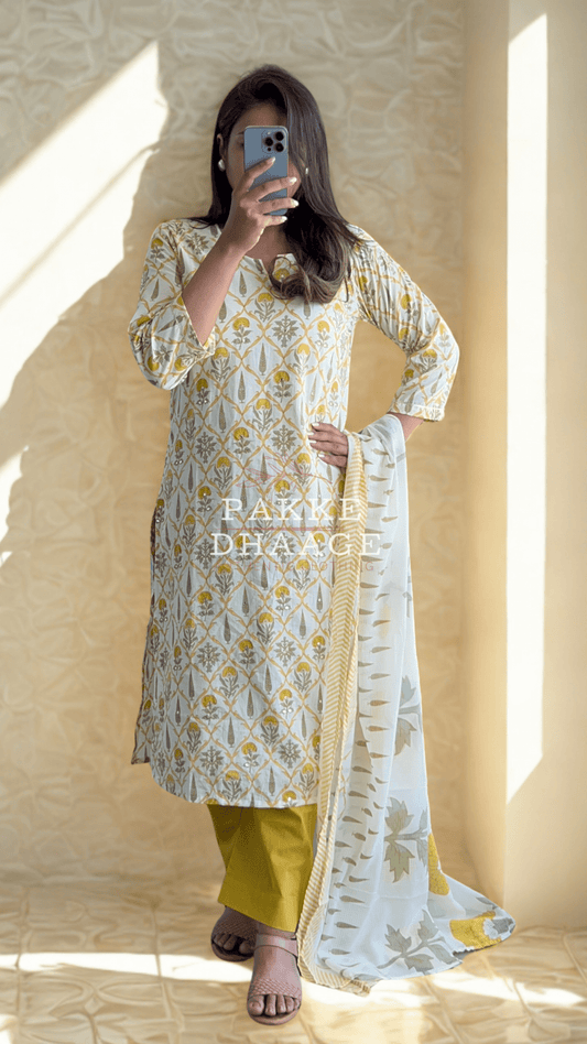 Maharani Threads 3 Pc Printed Cotton Suit with Gotta-Patti & Kota Doria Duppatta - Yellow