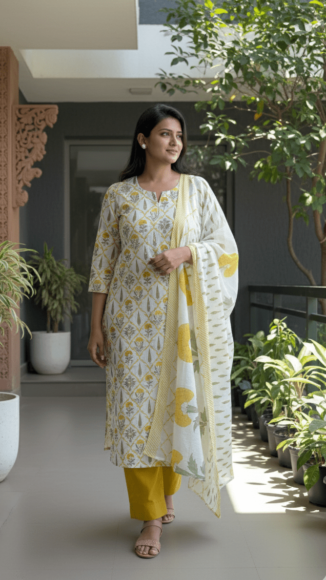 Woman in a yellow and white floral outfit with Gota Patti work, standing in a room with plants.