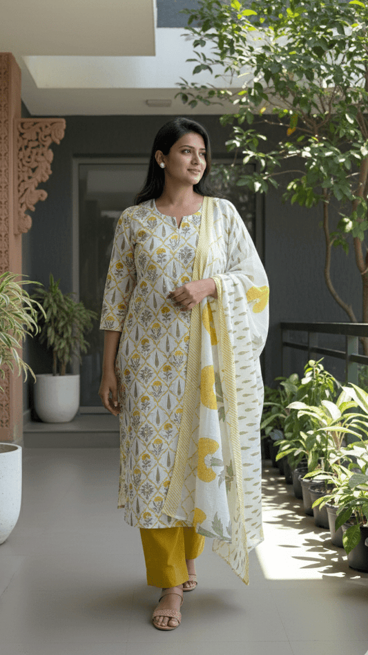Woman in a yellow and white floral outfit with Gota Patti work, standing in a room with plants.