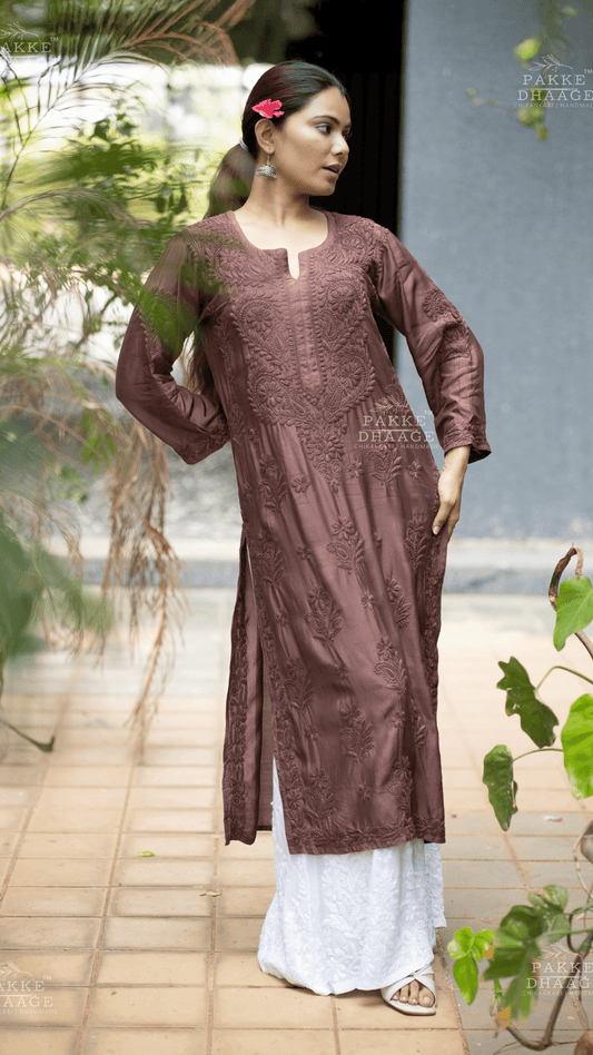 Mahek Pure Muslin Silk Kurta - Cambridge Brown