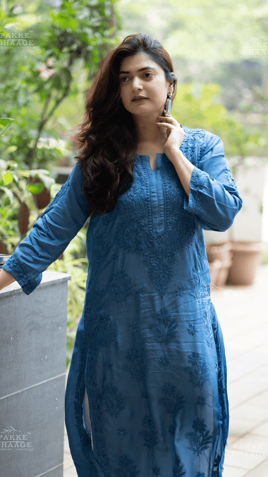 Mahek Pure Muslin Silk Kurta - Classic Blue