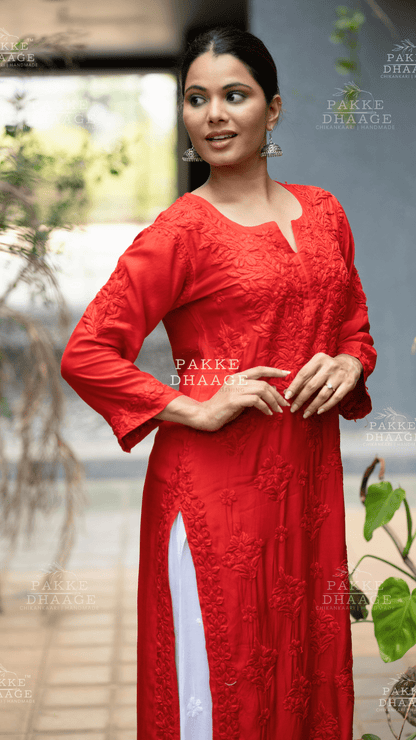 Mahek Pure Muslin Silk Kurta - Fiery Red