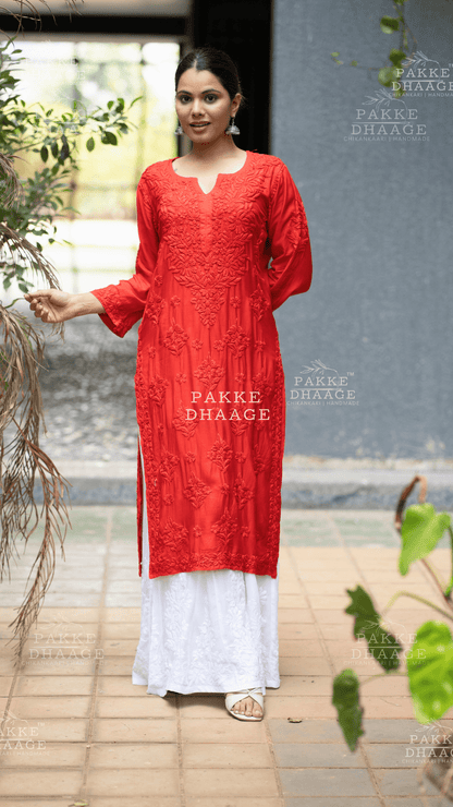 Mahek Pure Muslin Silk Kurta - Fiery Red