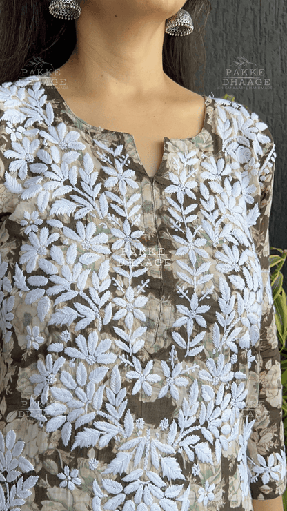 Maira Printed Mulmul Kurta - Olive Green