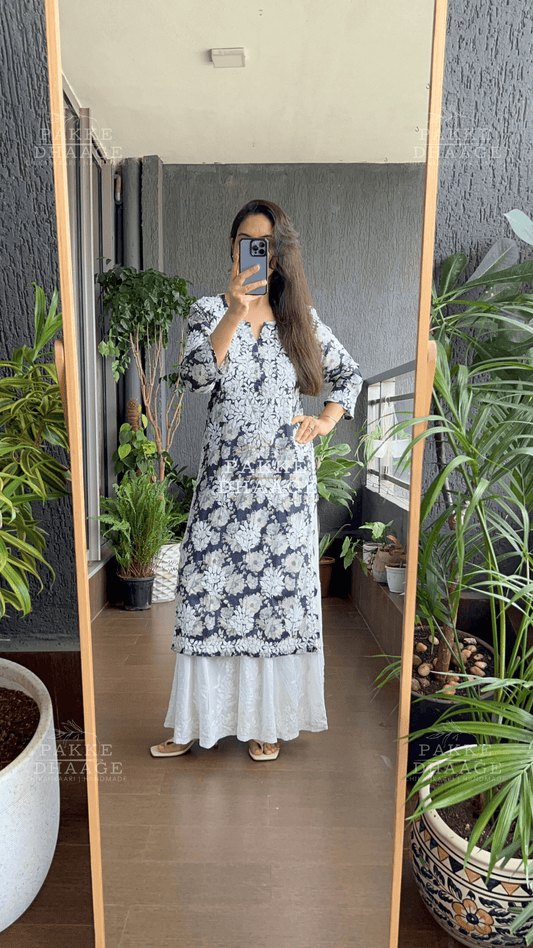 Maira Printed Mulmul Kurta - Space Blue
