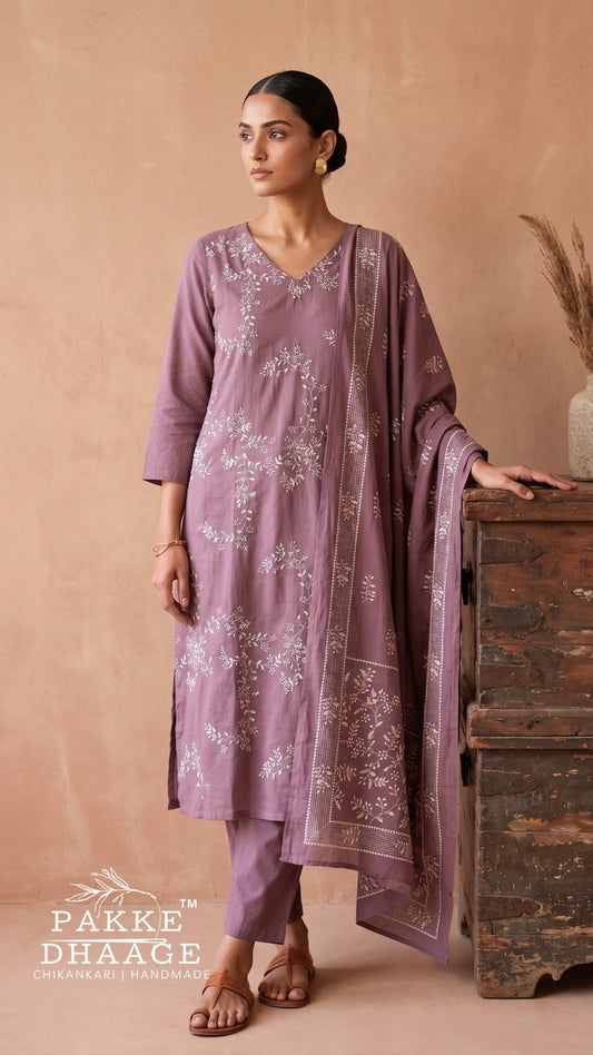 A woman models a three-piece dusty purple ethnic suit with white floral embroidery, consisting of a kurta, pants, and a dupatta, posed next to a rustic wooden chest against a warm beige background.
