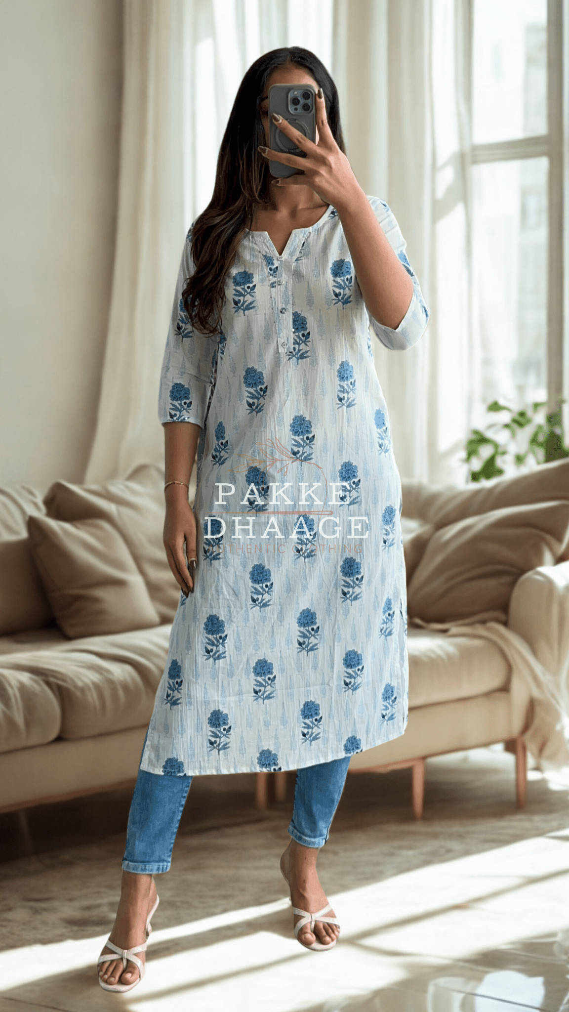 Maya Pure Cotton Jaipuri Printed Kurti Indigo Bloom