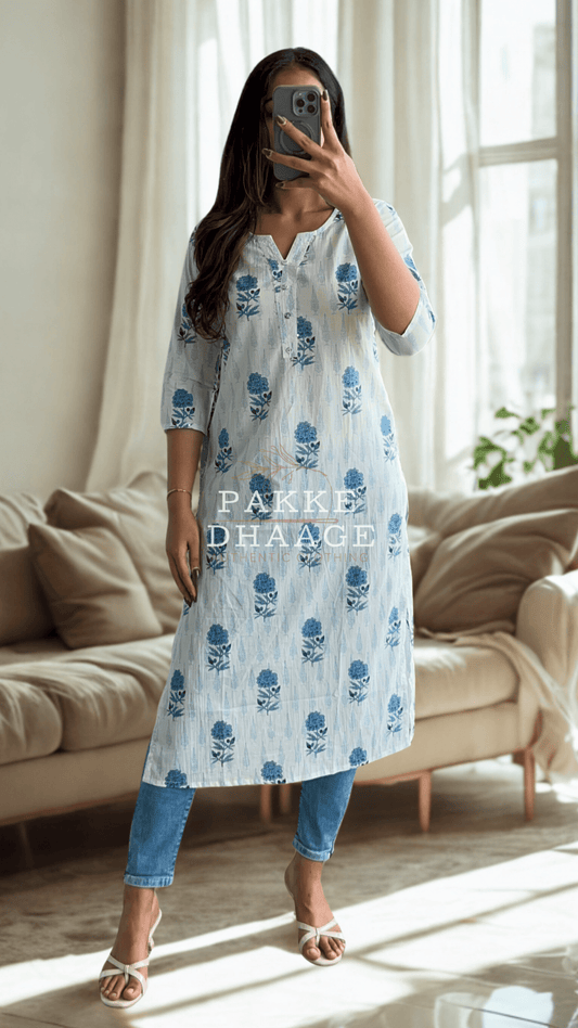Maya Pure Cotton Jaipuri Printed Kurti Indigo Bloom