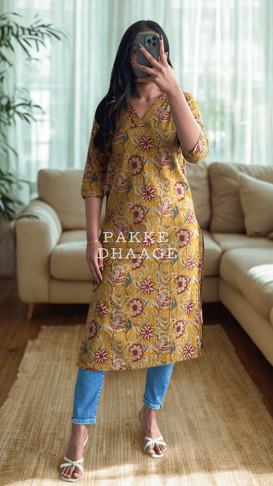 Maya Pure Cotton Jaipuri Printed Kurti Mustard