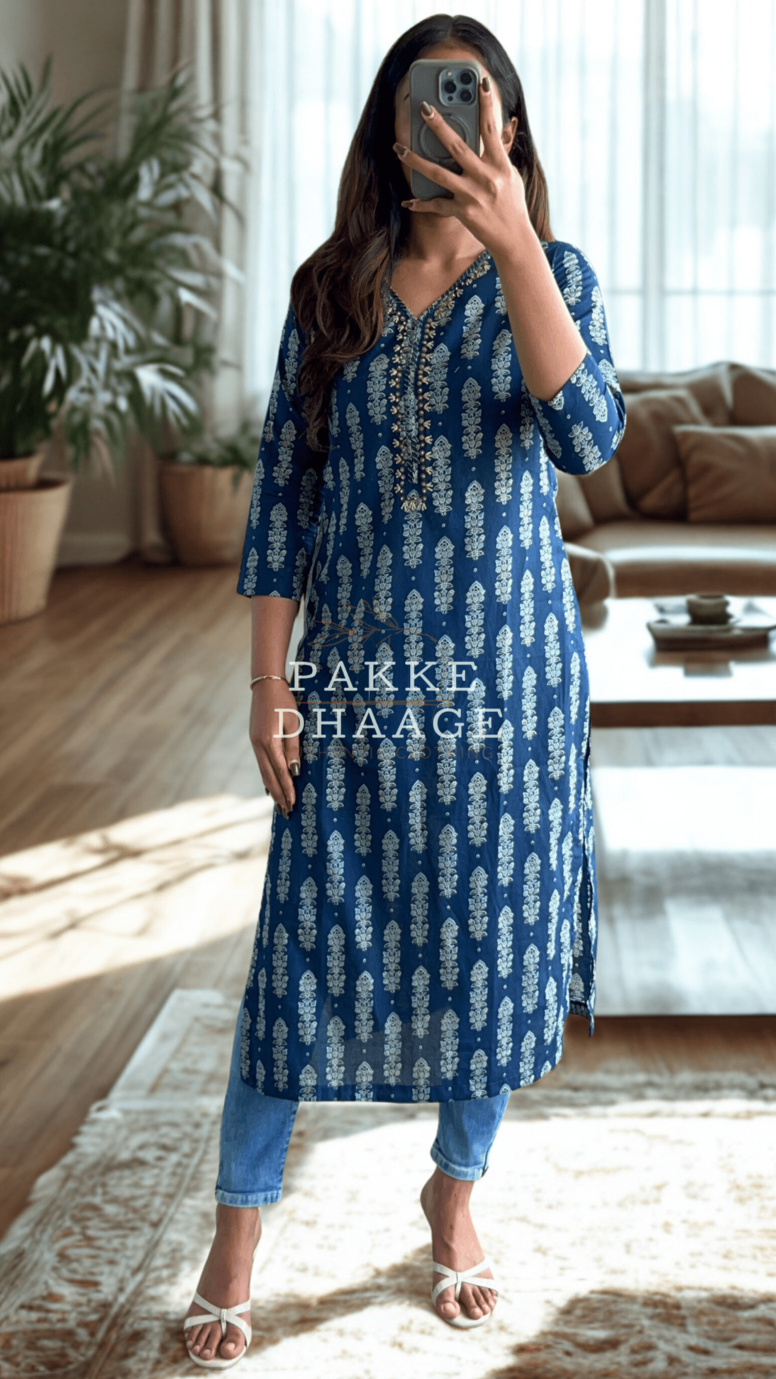 Woman wearing a blue patterned printed kurta in a living room.