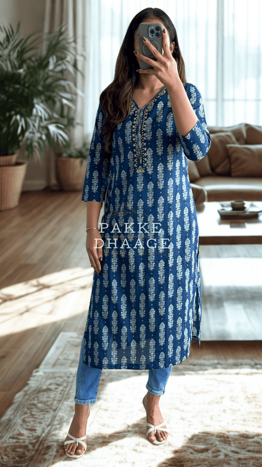 Maya Pure Cotton Jaipuri Printed Kurti Navy Blue