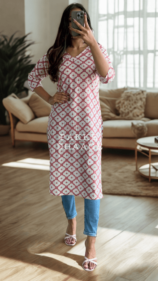Maya Pure Cotton Jaipuri Printed Kurti Rose Pink