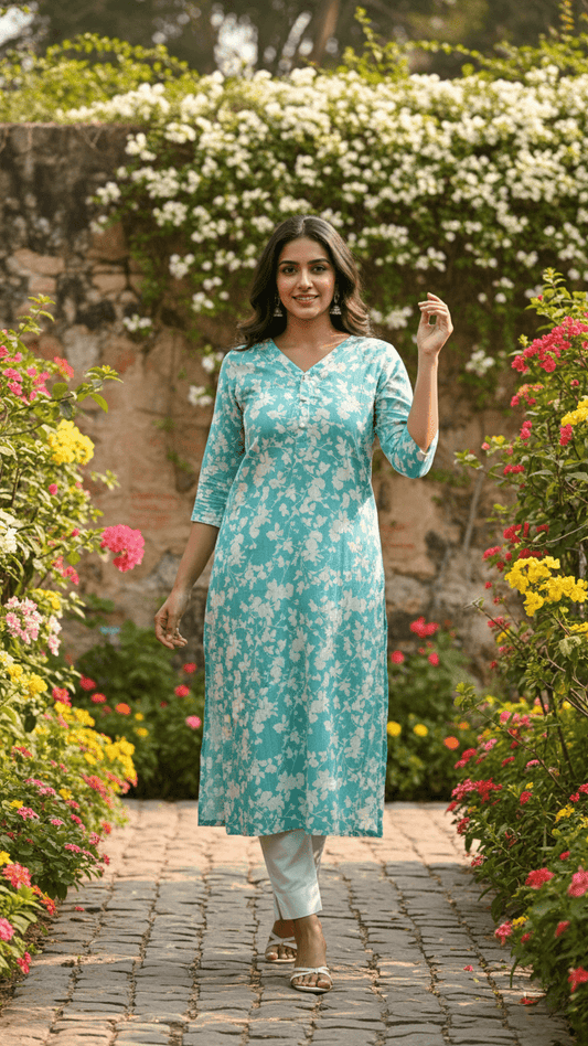 Woman in a floral kurta walking through a garden with flowers and a stone wall.