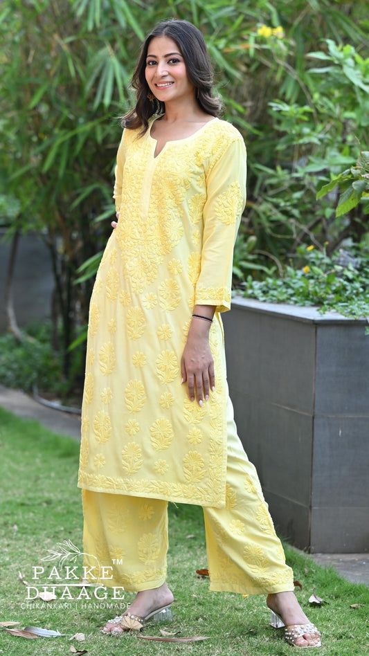 Meher Chikankari 2PC Kurta Palazzo Set - Buttercup Yellow